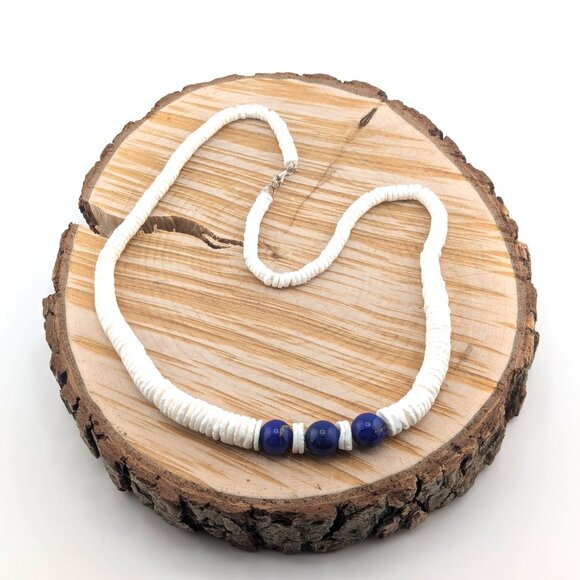 Navajo Graduated White Shell with Lapis Beaded Necklace Southwest Style **‎ - Picture 10 of 13